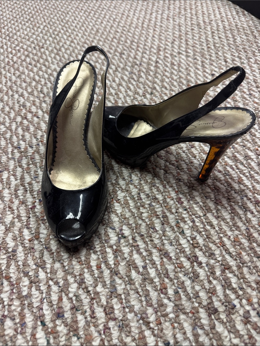 Jessica Simpson Black Patent Peep-Toe Slingback Pumps with Tortoiseshell Heel